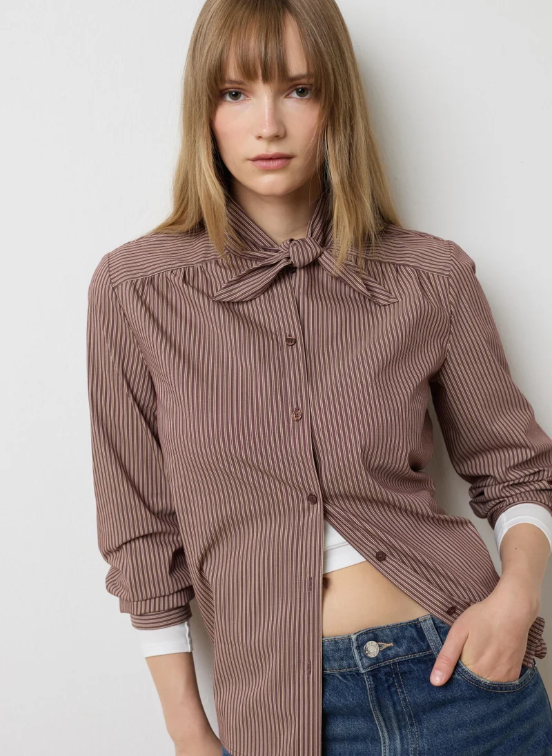 او في اس OVS Brown Striped Cotton-Blend Shirt With Oversized Fit